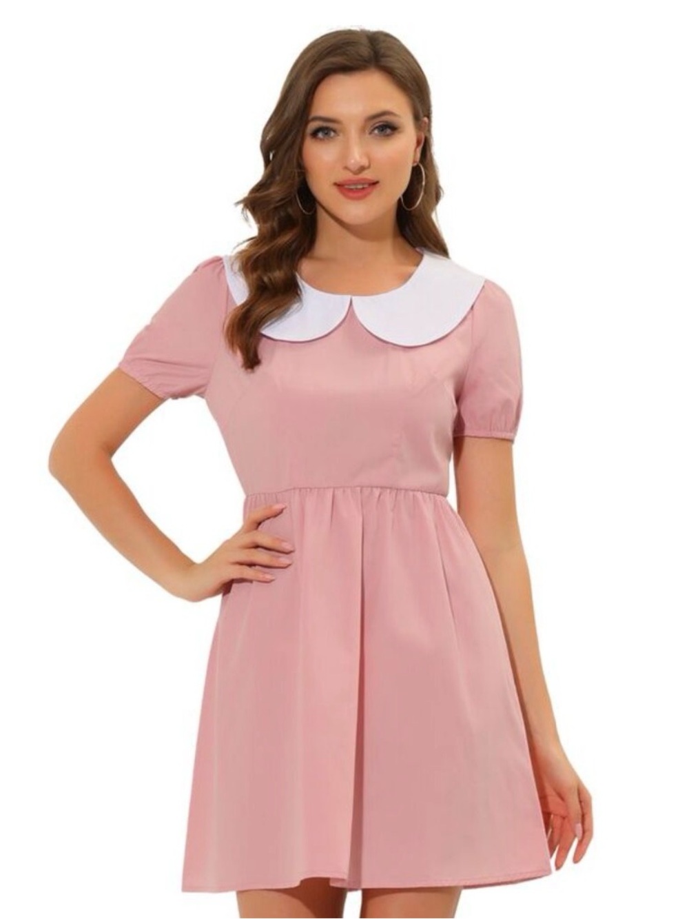 Peter Pan Collar Puff Short Sleeve baby Doll A-line Dress Pink Concert Halloween